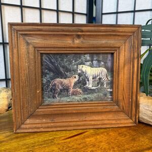 Vintage Tiger Print Framed Rustic Frame Animal Safari Decor Orange White Tigers